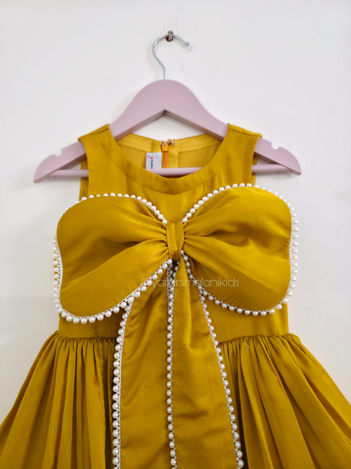 Mustard Pearls Bow Dress