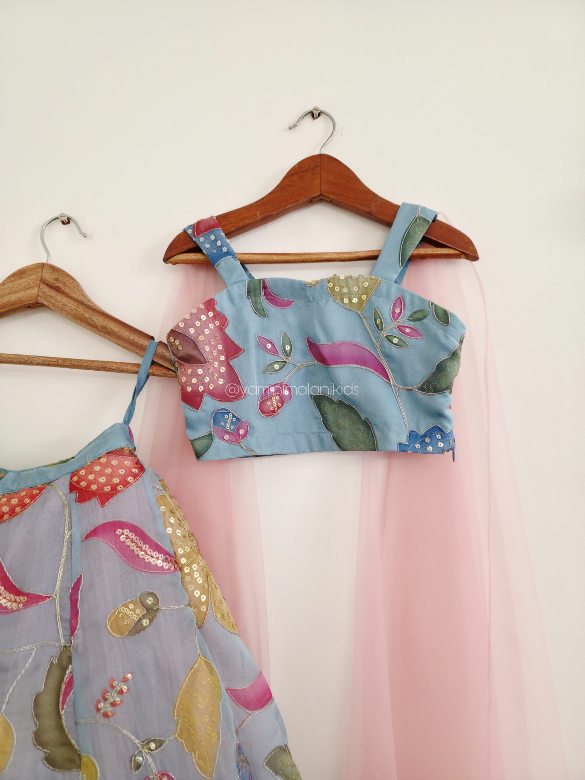 Powder Blue and Pink Florals Lehenga - Image 4