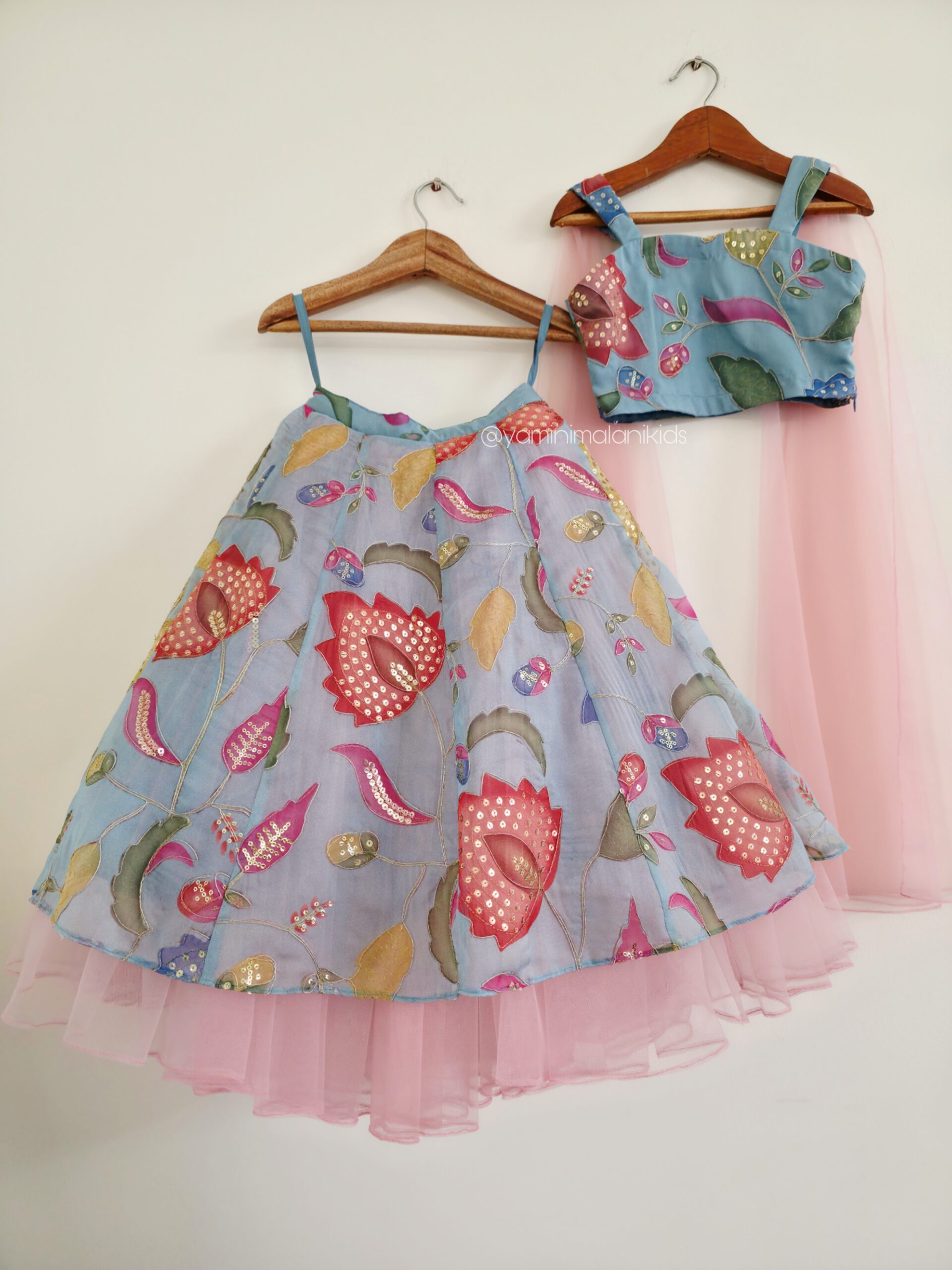 Powder Blue and Pink Florals Lehenga - Image 5