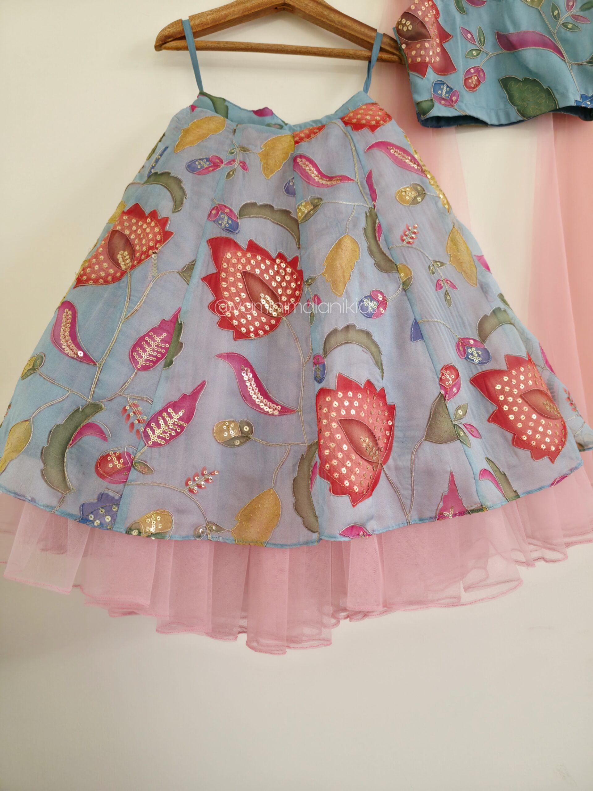 Powder Blue and Pink Florals Lehenga - Image 3